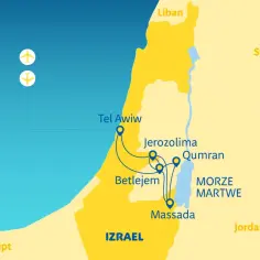 Mapa pokazuje trasę podróży po Izraelu, obejmującą Tel Awiw, Jerozolimę, Betlejem, Qumran i Masadę nad Morzem Martwym.