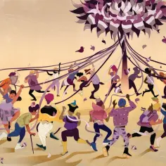 Ludzie tańczą wokół drzewa, trzymając wstążki. Ilustracja symbolizuje różnorodność i wspólnotę, a jej kolory mogą nawiązywać do aseksualizmu objawy.
