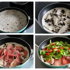 Przygotowanie piadiny: placek na patelni, dodatek sera i oliwek, szynka, a na koniec świeże warzywa.