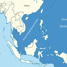 Mapa Azji Południowo-Wschodniej z zaznaczonym Morzem Południowochińskim, częścią Oceanu Spokojnego, największego morza na świecie.