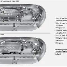 Schemat silnika Hyundai Tucson 2.0 benzyna. Pokazuje elementy takie jak zbiornik płynu chłodzącego, filtr powietrza i akumulator. Nie ma tu informacji o rozrządzie.