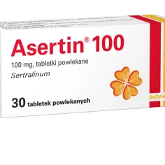 Opakowanie leku Asertin 100 mg, zawierające 30 tabletek powlekanych. Pudełko zdobi symbol czterolistnej koniczyny, sugerując jak się czujecie po jego zażyciu.