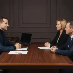 Trzy osoby przy drewnianym stole omawiają, czy można sprzedać dom z hipoteką. Na stole dokumenty i laptop.