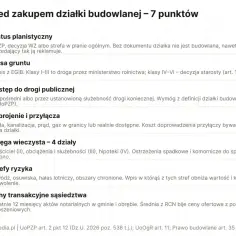 Lista 7 punktów przed zakupem działki budowlanej: status, klasa gruntu, dostęp do drogi, uzbrojenie, księga wieczysta, strefy ryzyka i ceny transakcyjne sąsiedztwa.