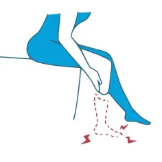 Ilustracja przedstawia nogę w niebieskiej pończoše, z zaznaczonym obszarem poniżej kolana, sugerującym amputację.