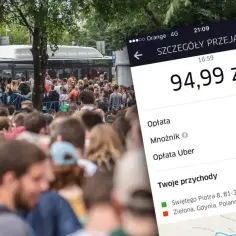 Szczegóły przejazdu Uber Black: 94,99 zł. Tłum ludzi czeka na autobus, a na ekranie telefonu widać podsumowanie kosztów.