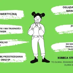 Oliwia, zdiagnozowana z autyzmem, doświadcza zagrożenia niedostosowaniem społecznym. Jest introwertyczką, uzdolnioną plastycznie, z nadwrażliwością na światło.