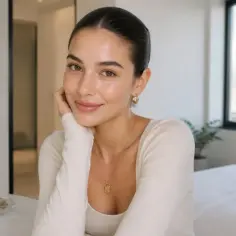 Uśmiechnięta, aesthetic girl z delikatnym makijażem, opiera głowę na dłoni. W tle okno z widokiem na miasto i łóżko.
