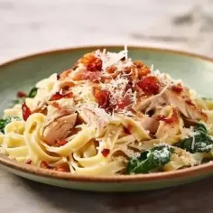 Pyszny makaron ze szpinakiem i kurczakiem w sosie śmietanowym, posypany parmezanem i chrupiącym boczkiem.