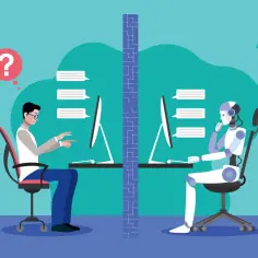 Człowiek i robot prowadzą rozmowę przez komputery, próbując przejść test Turinga.