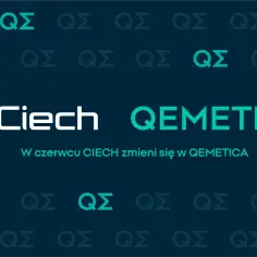 W czerwcu CIECH zmieni się w QEMETICA. Logo Ciech i QEMETICA na tle powtarzających się symboli QΣ.