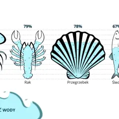 Ilustracja pokazuje zawartość wody w organizmach: meduza (95%), rak (79%), przegrzebek (78%), śledź (67%) i człowiek (65%). To pokazuje, jak ważne są warunki życia w wodzie dla klas 4.