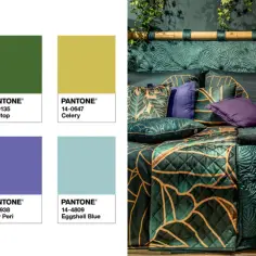 Jaki kolor pasuje do butelkowej zieleni? Paleta inspiracji: od złocistego Chai Tea po fioletowy Dewberry i błękit Eggshell Blue.