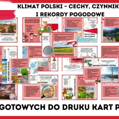 Ilustracja przedstawia kolaż zdjęć i grafik związanych z klimatem Polski, porami roku i zjawiskami pogodowymi.