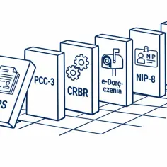 Ilustracja kostek domina z napisami: KRS, PCC-3, CRBR, e-Doręczenia, NIP-8, Kapitał.