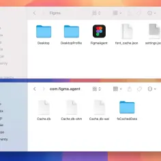 Dwa okna Findera na Macu pokazujące foldery i pliki związane z programem Figma.