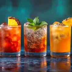Pięć kolorowych drinków z colą, lodem i owocami, ozdobionych miętą i plasterkami ananasa.