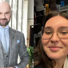 Rafał Brzoska w garniturze i zdjęcie z młodą kobietą.