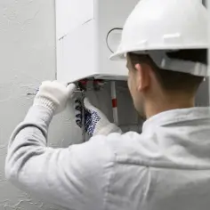 Instalator w kasku i rękawicach podłącza bojler.