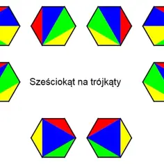 Wzorzyste sześciokąty podzielone na kolorowe trójkąty. Różne kombinacje brył geometrycznych.