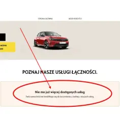 Strona Opel Connect z modelem Corsa. Komunikat "Nie ma już więcej dostępnych usług" sugeruje, że op-com Opel po polsku nie jest dostępny dla tego pojazdu.
