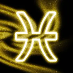 Symbol Ryb, 5 marca znak zodiaku, otoczony złotym, iskrzącym pyłem na czarnym tle.
