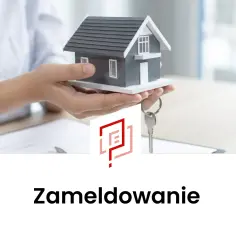 Dłoń trzyma model domu z kluczami, symbolizując nowy początek i meldunek w nowym miejscu.