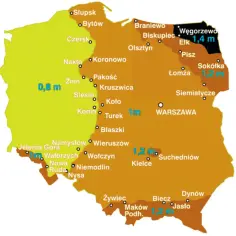 Mapa Polski z zaznaczonymi miastami i minimalna głębokość fundamentów: 0,8 m (żółty), 1 m (pomarańczowy), 1,2 m (brązowy), 1,4 m (czarny).