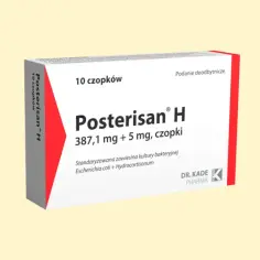 Opakowanie czopków Posterisan H, zawierające 10 sztuk. Lek na bazie Escherichia coli i hydrokortyzonu.
