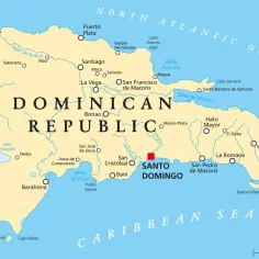 Mapa Dominikany, która graniczy z Haiti. Widoczne stolica Santo Domingo, miasta i wybrzeża.