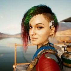 Dziewczyna z kolorowymi włosami i cybernetycznym implantem, gotowa na przygodę. Może to początek jej cyberpunk romansu?
