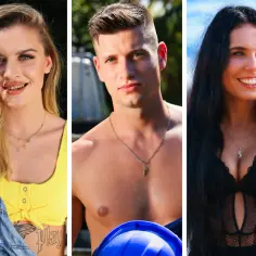Trzech uczestników Hotel Paradise 3: blondynka w żółtym topie, brunet z tatuażem na klatce piersiowej i brunetka w czarnej koronkowej bieliźnie.