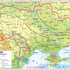 Mapa pokazuje z jakimi krajami graniczy Ukraina: Polska, Słowacja, Węgry, Rumunia, Mołdawia, Białoruś i Rosja.