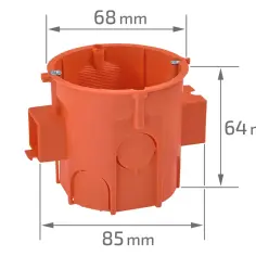 Pomarańczowa puszka elektryczna z wymiarami: średnica 68 mm, wysokość 64 mm, szerokość 85 mm. Idealna do instalacji podtynkowych.