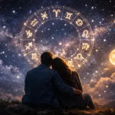 Para zakochanych patrzy na koło zodiaku, gdzie widnieją symbole Raka i Wagi. Księżyc i gwiazdy tworzą magiczną atmosferę.