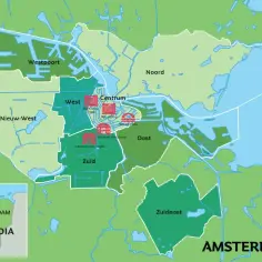 Mapa pokazuje, gdzie jest Amsterdam, z zaznaczonymi dzielnicami: Centrum, Noord, Oost, Zuid, Zuidoost, West, Nieuw-West i Westpoort.