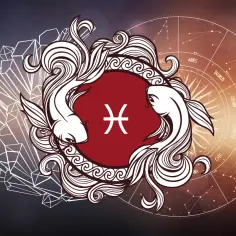 Dwa ozdobne byki otaczają symbol Ryb. W tle koło zodiaku i kryształy.