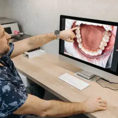Dentysta pokazuje pacjentowi na monitorze zdjęcia jamy ustnej, omawiając zapalenie przyzębia i kieszonki dziąsłowe.