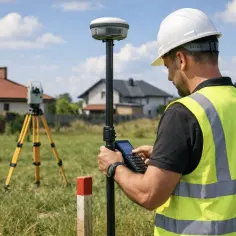 Geodeta w kamizelce odblaskowej i kasku używa GPS do pomiaru terenu, by sprawdzić wielkość działki. W tle widać domy i inny sprzęt geodezyjny.