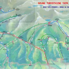 Mapa szlaków turystycznych w Tatrach Wysokich. Kolorowe linie pokazują trasy z czasem przejścia, łączące Morskie Oko, Dolinę Roztoki, Dolinę Jaworzynkę i inne punkty.