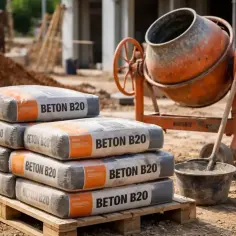 Stos worków z napisem "BETON B20" na palecie, obok betoniarki. Zastanawiasz się, ile kosztuje m3 betonu B20?