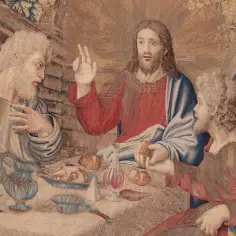 Tapestry depicting Jesus at the Last Supper, breaking bread with two disciples.