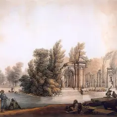 Ruiny budowli z kolumnami i łukami, ludzie w strojach z epoki, łódź na wodzie. Klasycyzm w architekturze i malarstwie.