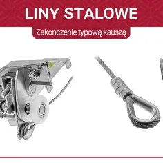 Metalowa kausza do lin stalowych, zabezpieczająca pętlę przed przetarciem. Widoczny mechanizm napinający i gotowa pętla z kauszą.
