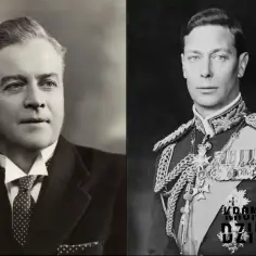 Jerzy VI, król Wielkiej Brytanii, w mundurze wojskowym i Neville Chamberlain, premier, w garniturze.