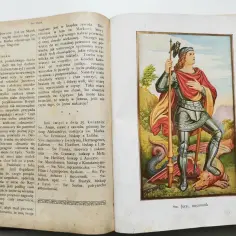 Św. Jerzy, męczennik, w zbroi i z włócznią, depcze smoka. Ilustracja z księgi o hagiografii.