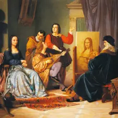 Leonardo da Vinci maluje Monę Lisę, podczas gdy muzycy grają, a piesek czeka.