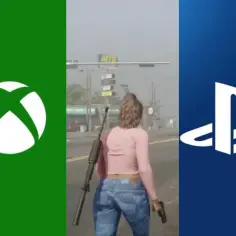 Kobieta z bronią na tle Xboxa i PlayStation. Czy GTA 6 będzie na PS4?