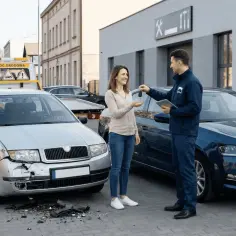 Przekazanie kluczyków do auta zastępczego z OC sprawcy po kolizji. Kobieta odbiera kluczyki od pracownika serwisu.