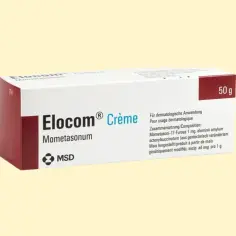 Opakowanie kremu Elocom z mometazonem, sterydowym lekiem na egzemę. 50 g.